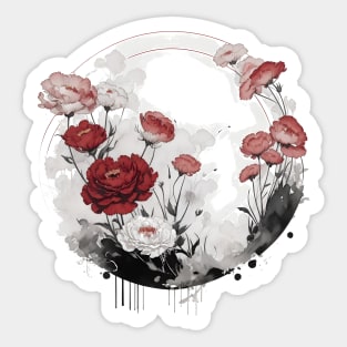 Red Carnations Circle Japanese Ink Art Sticker